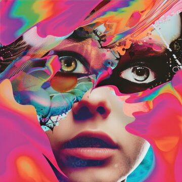A woman's face is painted with bright colors and a mask. The image is a collage of different elements, including a butterfly and a flower. Scene is playful and whimsical, with a sense of creativity