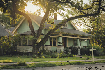 Early birds chirping around a pastel mint Craftsman style house, suburban morning brimming with new light and fresh possibilities, peaceful and invigorating - obrazy, fototapety, plakaty