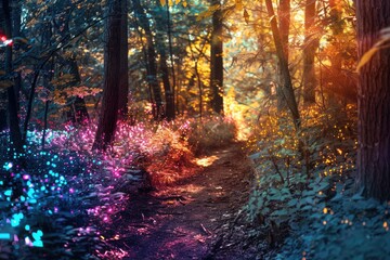 A colorful forest path with a rainbow of colors. The colors are bright and vibrant, creating a sense of wonder and magic. The path is surrounded by trees