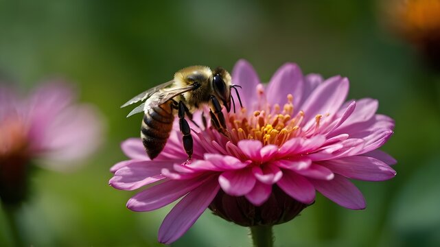 bee on pink flower. a bee is sitting on a pink flower, a macro photography.