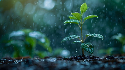 A small fresh plant growing on the ground in the rain with nature bokeh background, representing carbon credit, reforestation, and world soil day concepts.