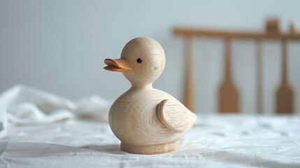 A Korean-style wooden toy duck in a charming, handcrafted design. Cute wooden duckling with a unique appearance. Ideal toy for collector or decoration. - obrazy, fototapety, plakaty