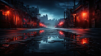 Dark street, wet asphalt, reflections of rays in the water.