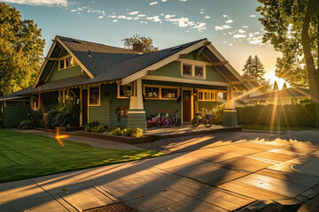 Late afternoon ambiance with a warm golden sun casting long shadows on a green Craftsman style house in a suburban area, kids' bikes visible in the 