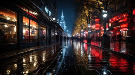Rainy City Street at Night - obrazy, fototapety, plakaty
