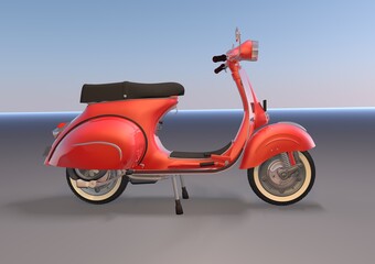 Composition of an old red scooter, on a gray background, 3D model.