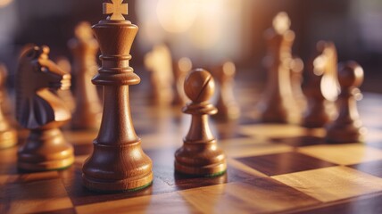 Experience the thrill of the game with an image featuring wooden chess pieces poised for battle on a checkered board - obrazy, fototapety, plakaty