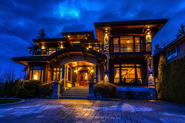 Luxury house at night in Vancouver, - obrazy, fototapety, plakaty