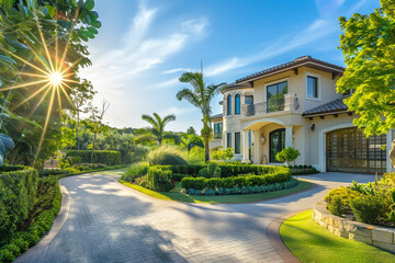 Fototapeta na wymiar Luxury house with beautiful landscaping on a sunny day. Home exterior.
