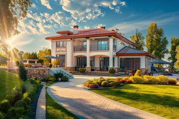 Luxury house with beautiful landscaping on a sunny day. Home exterior. - obrazy, fototapety, plakaty