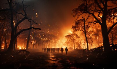Group of People Standing in Front of Forest Fire - obrazy, fototapety, plakaty