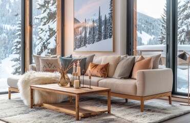 A cozy living room with large wooden corner sofa, plush fur throw and soft pastel pillows. Winter atmosphere