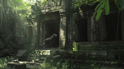 A dark, abandoned building with a large bear in the doorway. Scene is eerie and mysterious