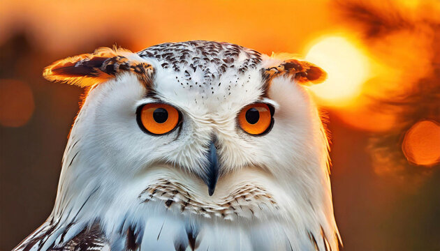 White owl is captured against the fiery orange backdrop of a sunset.