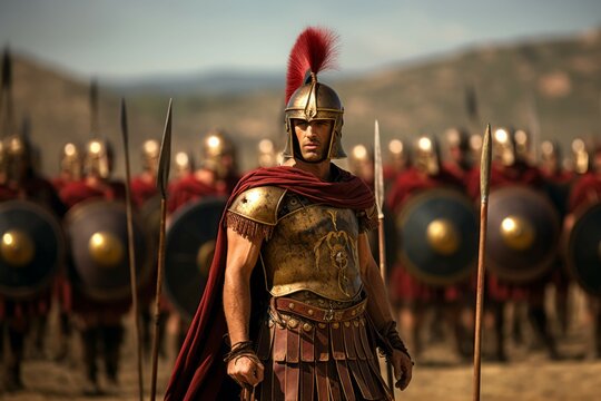 Roman centurion leading a legion of soldiers in a military formation.