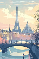 Paris's iconic skyline, featuring a vintage-style portrayal of the Eiffel Tower and Sacré-Cœur Basilica, set against a backdrop of a pastel-colored sky with fluffy clouds. 