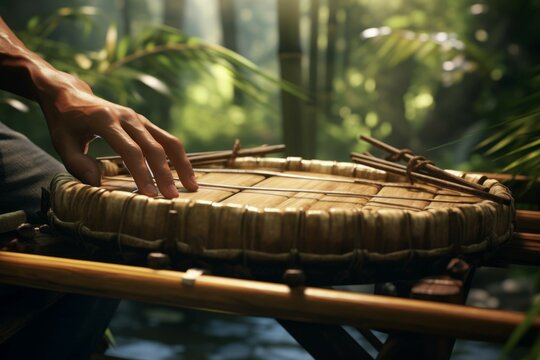 Close-up of hands playing traditional bamboo musical instruments in a serene outdoor setting