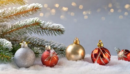Fototapeta na wymiar red and silver baubles christmas tree ornaments on snow and pine tree on gray background christmas background with copy space