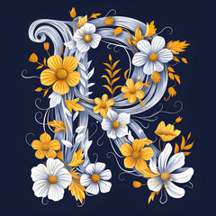 Spring and summer letter R with blue and yellow flowers on dark background. Flower font illustration