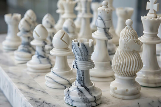  A close-up shot of a marble chess set, with each piece meticulously carved and polished to perfection. 
