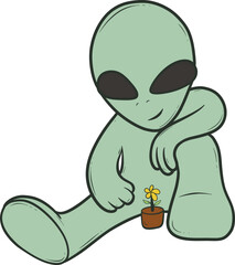 cartoon alien is sitting on the ground with a flower in its hand