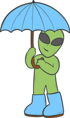 A cartoon alien holding an umbrella