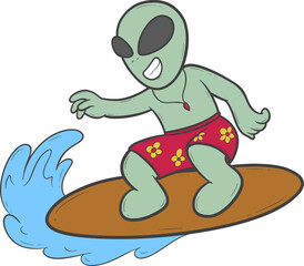 alien is riding a surfboard in the ocean