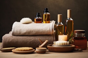 Fototapeta na wymiar Men spa set with towels, natural solid shampoo, soap, beard brush and aroma oil on dark background.
