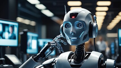 Answerphone, Robot With Headphones Answering The Phone Calls.Ai generative