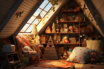Whimsical cottage attic with vintage treasures and cozy reading nook - obrazy, fototapety, plakaty