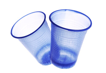 Empty new blue transparent plastic cup, disposable, isolated on white, clipping path	