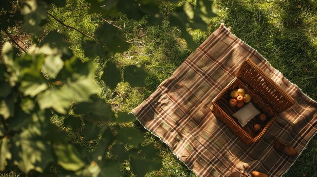 A charming picnic scene featuring a wicker basket full of apples on a classic plaid blanket, surrounded by lush greenery and dappled sunlight.
