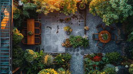 A peaceful retreat in the city, this terrace garden viewed from above is a lush tapestry of plants, with comfortable seating inviting relaxation.