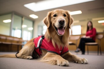 A therapy dog in a healthcare setting, capturing the gentle nature and empathy of therapy dogs in...