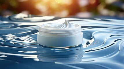 White and blank cosmetic cream round jar standing in water splashes, skin care product presentation moisturizing, cream mockup