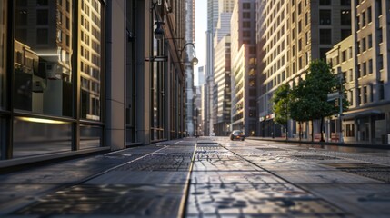 Sunlit City Street in Morning Quietude, Warm morning sunlight bathes an empty city street, casting long shadows and a sense of calm in the urban landscape