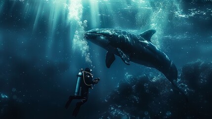 A serene encounter between a scuba diver and a majestic whale under the ocean's surface, highlighted by rays of sunlight. - obrazy, fototapety, plakaty
