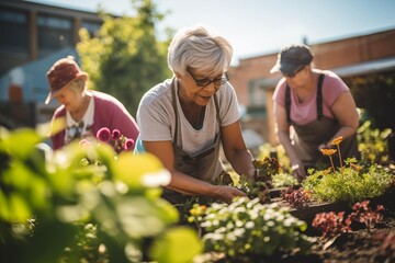 A group of seniors engaging in a gardening activity, planting and tending to flowers and vegetables in a community garden, reflecting their love for nature and cultivation. - obrazy, fototapety, plakaty