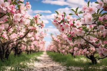 A blossoming apple orchard, where white and pink blooms grace the trees as far as one can see,...