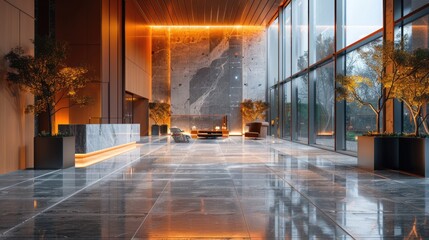 Modern Elegance in Corporate Design, modern elegance of a corporate building lobby is illuminated in ambient light, its sleek lines and luxurious finishes reflecting an atmosphere of sophisticated ent