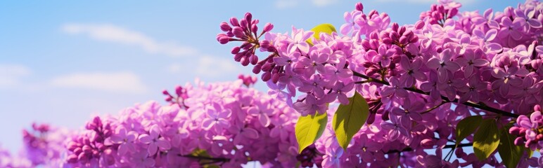 A lilac bush bursting with fragrant purple blossoms, set against a clear blue sky, embodying the elegance and scent of spring blooms, banner.