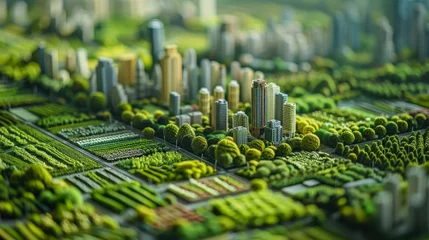 Foto op Plexiglas This intricate miniature model showcases a green urban landscape blending modern architecture with abundant green spaces. © Sodapeaw