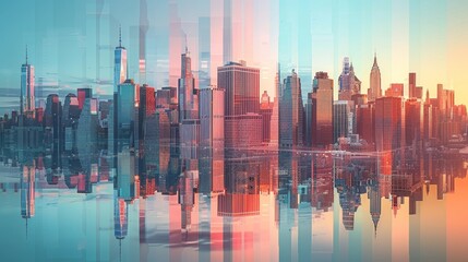 An abstract digital manipulation of a city skyline reflecting over water, with a vibrant glitch art effect creating a surreal atmosphere.