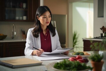 An Asian nutritionist meticulously assesses blood test results with a client, underlining the significance of evidence-based nutritional advice through her focused demeanor and professional approach.