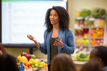African American nutritionist educates students in a school, stressing nutritious choices. Interactive session promotes health-conscious decisions.