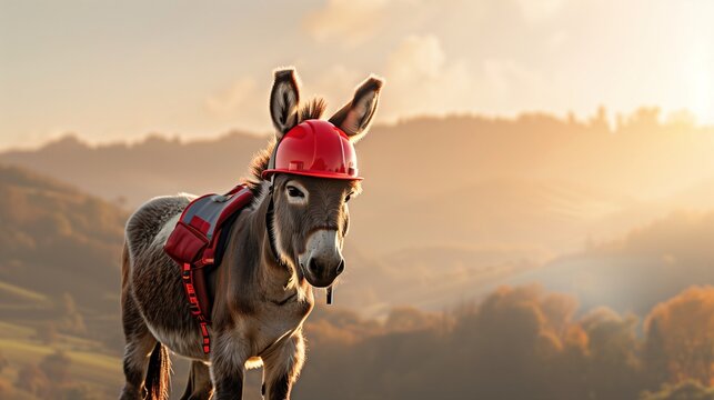 In this captivating image, a donkey proudly wearing a red safety helmet stands before a backdrop of rolling hills, symbolizing resilience and protection on World Safety Day.