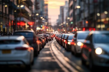 A blurred out of focus photograph of congested city streets during rush hour, with rows of cars out of focus in the foreground, during the early morning.