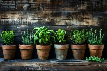 Herbs in pots on a wooden base. - obrazy, fototapety, plakaty