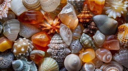A colorful and varied assortment of seashells and starfish, showcasing a rich tapestry of marine textures and shapes.