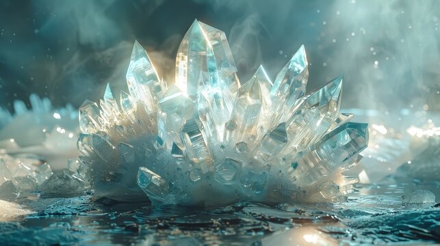 This enchanting image captures a cluster of radiant crystals bathed in a mystical light, exuding an ethereal ambiance.